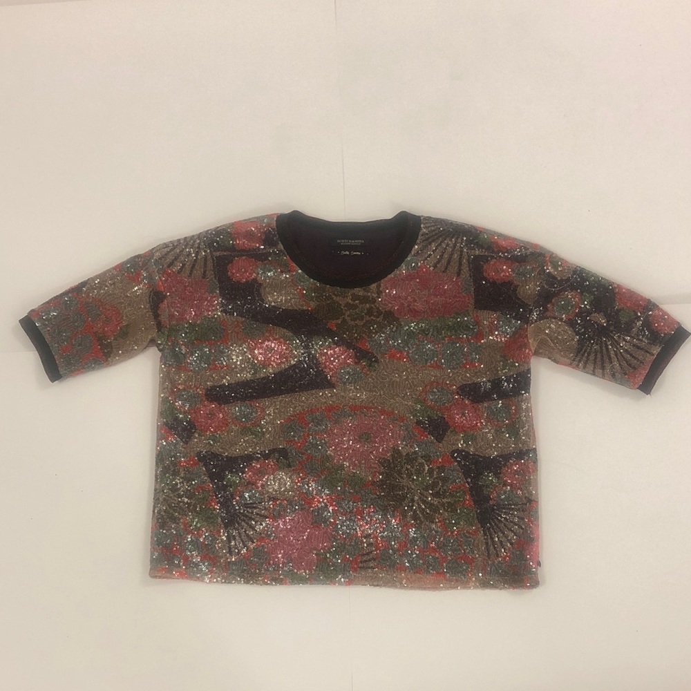Scotch & Soda S Top Blouse Multi-colour Floral Abstract Sequin Sheer Excellent